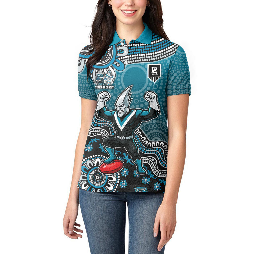 Personalized Port Adelaide Power Mascot Women Polo Shirt Aboriginal Dot Art Style Vibrant Indigenous Pattern Design