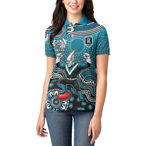Personalized Port Adelaide Power Mascot Women Polo Shirt Aboriginal Dot Art Style Vibrant Indigenous Pattern Design