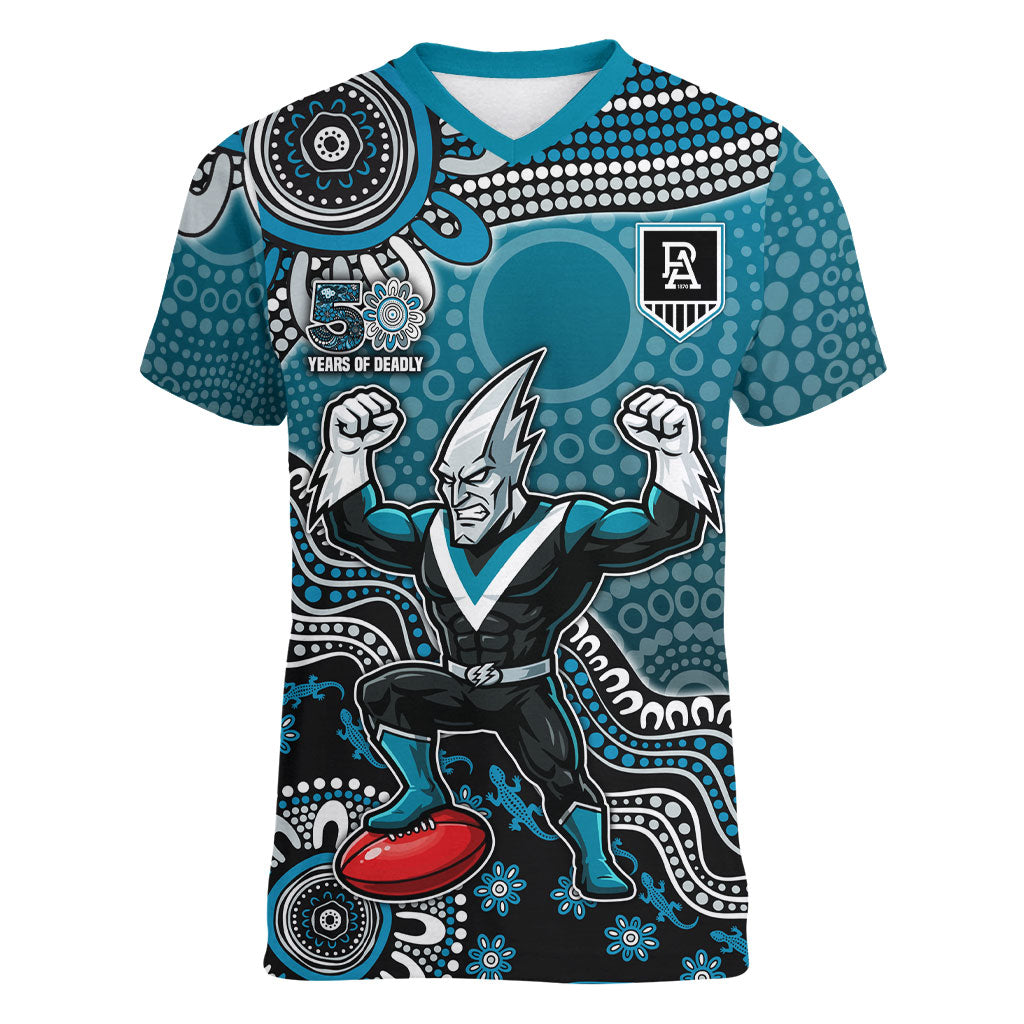 Personalized Port Adelaide Power Mascot Women V-Neck T-Shirt Aboriginal Dot Art Style Vibrant Indigenous Pattern Design