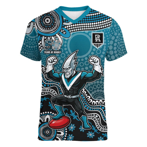 Personalized Port Adelaide Power Mascot Women V-Neck T-Shirt Aboriginal Dot Art Style Vibrant Indigenous Pattern Design