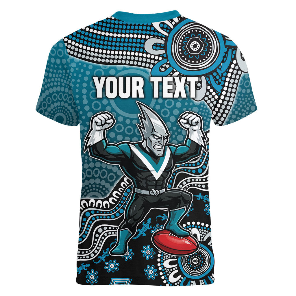 Personalized Port Adelaide Power Mascot Women V-Neck T-Shirt Aboriginal Dot Art Style Vibrant Indigenous Pattern Design