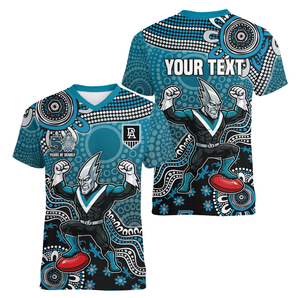 Personalized Port Adelaide Power Mascot Women V-Neck T-Shirt Aboriginal Dot Art Style Vibrant Indigenous Pattern Design