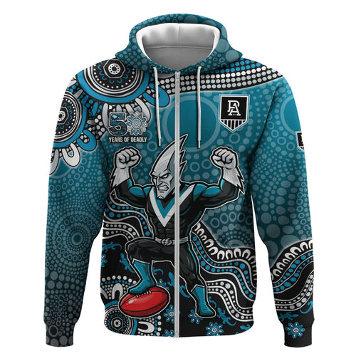 Personalized Port Adelaide Power Mascot Zip Hoodie Aboriginal Dot Art Style Vibrant Indigenous Pattern Design