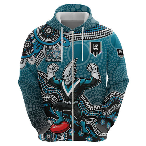 Personalized Port Adelaide Power Mascot Zip Hoodie Aboriginal Dot Art Style Vibrant Indigenous Pattern Design