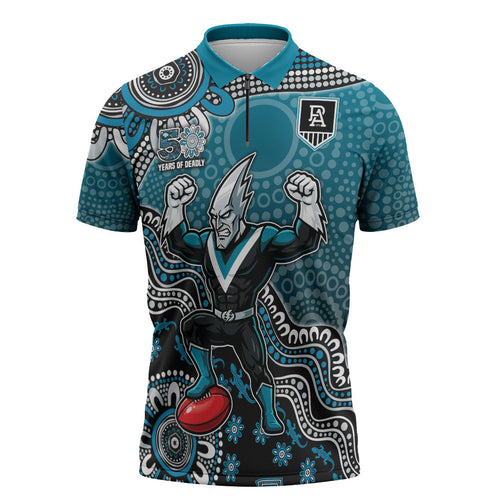 Personalized Port Adelaide Power Mascot Zipper Polo Shirt Aboriginal Dot Art Style Vibrant Indigenous Pattern Design