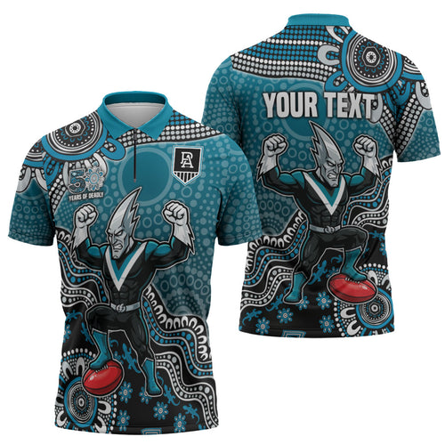 Personalized Port Adelaide Power Mascot Zipper Polo Shirt Aboriginal Dot Art Style Vibrant Indigenous Pattern Design