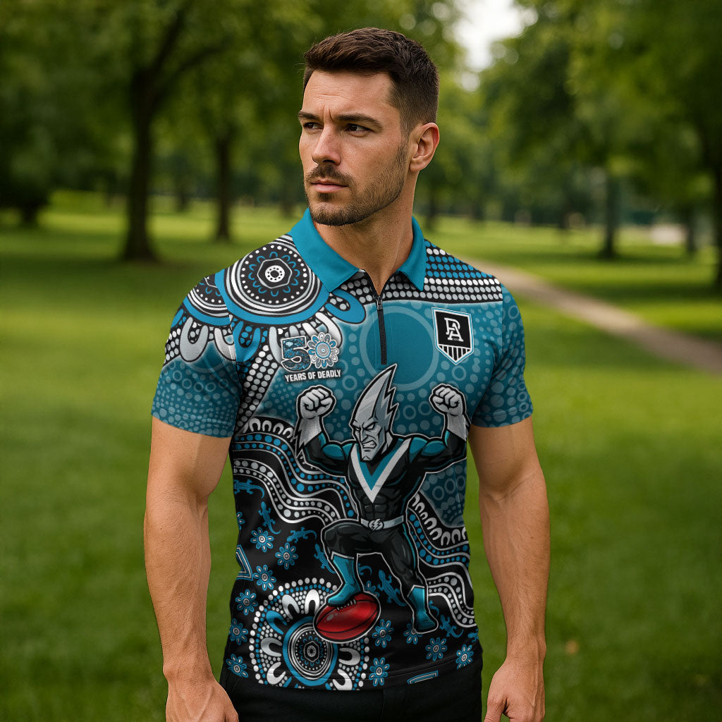Personalized Port Adelaide Power Mascot Zipper Polo Shirt Aboriginal Dot Art Style Vibrant Indigenous Pattern Design