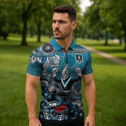 Personalized Port Adelaide Power Mascot Zipper Polo Shirt Aboriginal Dot Art Style Vibrant Indigenous Pattern Design
