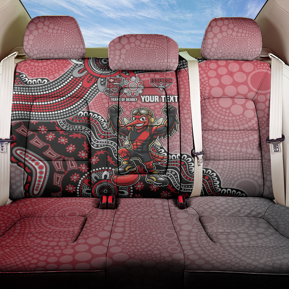 Personalized Essendon Bombers Mascot Back Car Seat Cover Aboriginal Dot Art Style Vibrant Indigenous Pattern Design