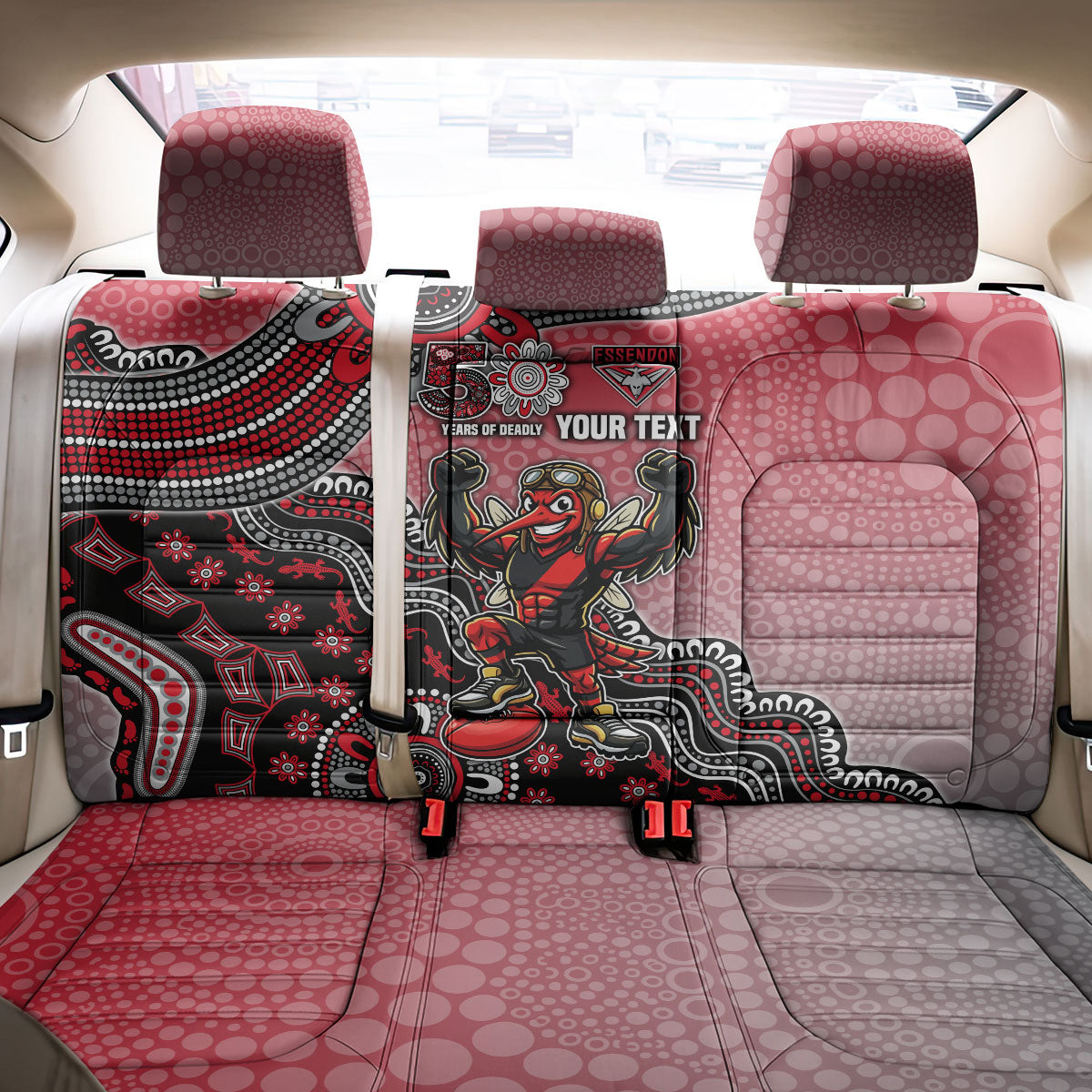 Personalized Essendon Bombers Mascot Back Car Seat Cover Aboriginal Dot Art Style Vibrant Indigenous Pattern Design