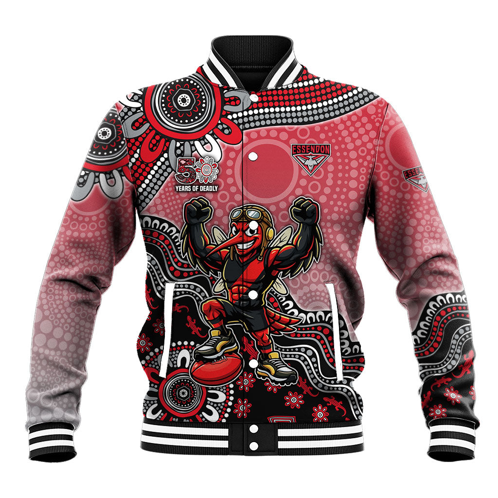 Personalized Essendon Bombers Mascot Baseball Jacket Aboriginal Dot Art Style Vibrant Indigenous Pattern Design