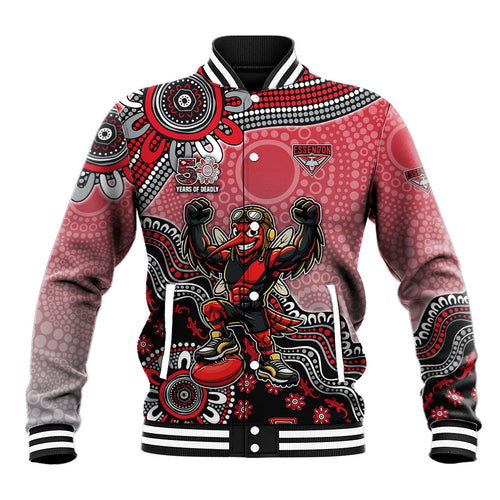 Personalized Essendon Bombers Mascot Baseball Jacket Aboriginal Dot Art Style Vibrant Indigenous Pattern Design