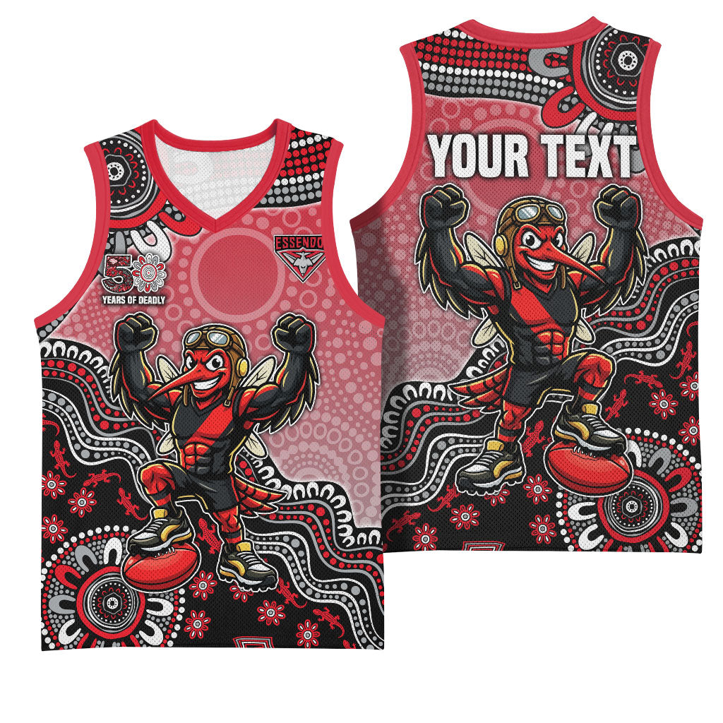 Personalized Essendon Bombers Mascot Basketball Jersey Aboriginal Dot Art Style Vibrant Indigenous Pattern Design