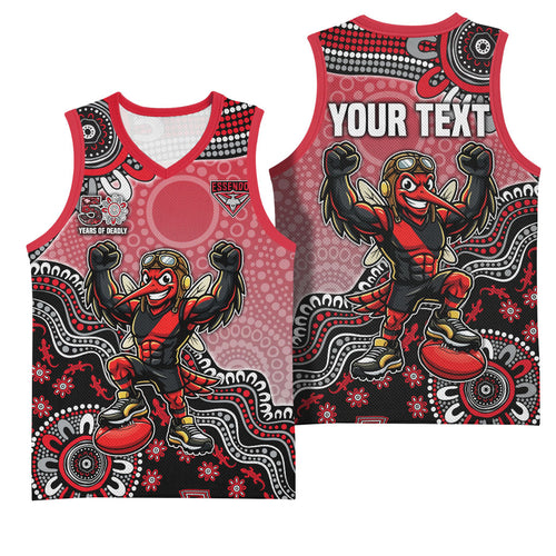 Personalized Essendon Bombers Mascot Basketball Jersey Aboriginal Dot Art Style Vibrant Indigenous Pattern Design