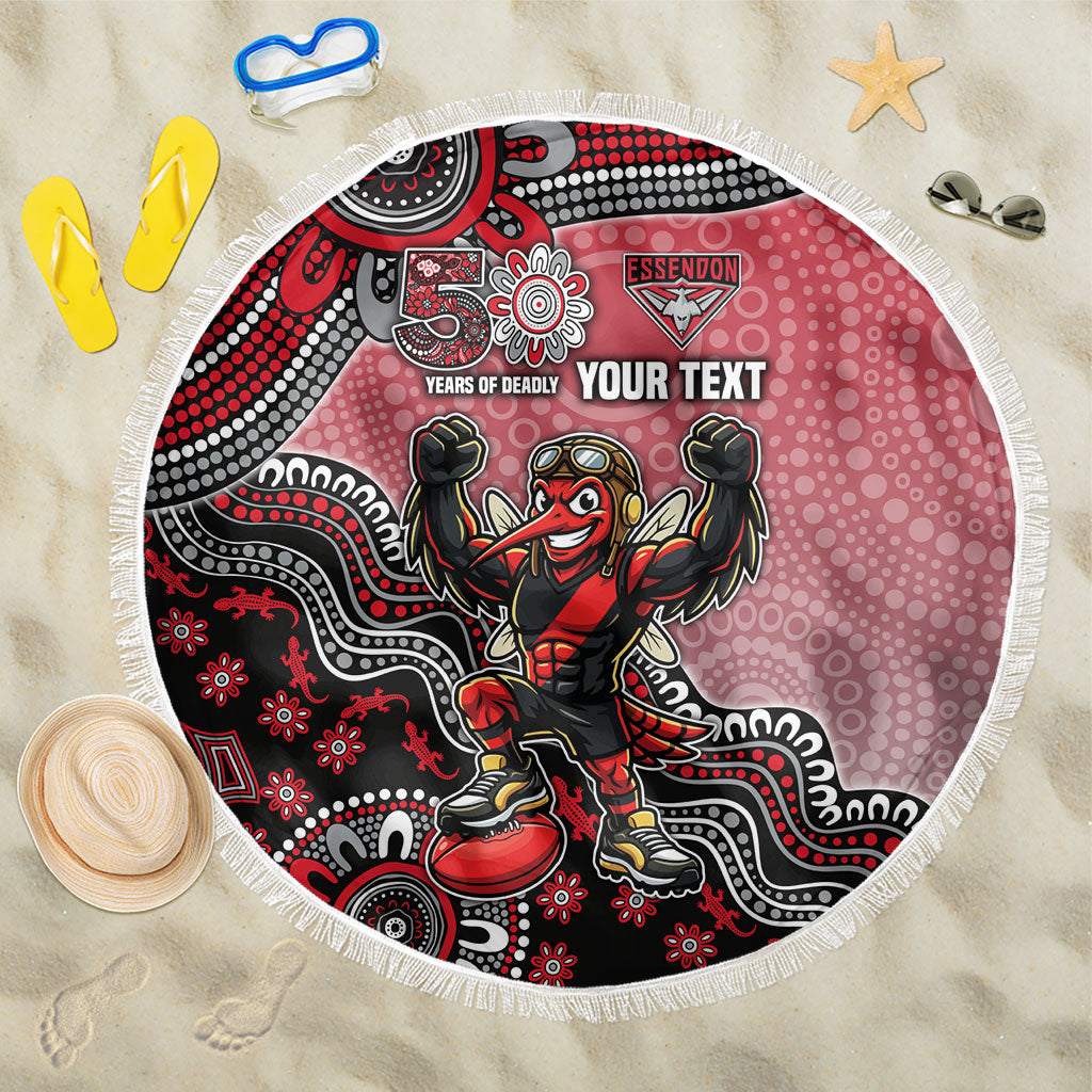 Personalized Essendon Bombers Mascot Beach Blanket Aboriginal Dot Art Style Vibrant Indigenous Pattern Design