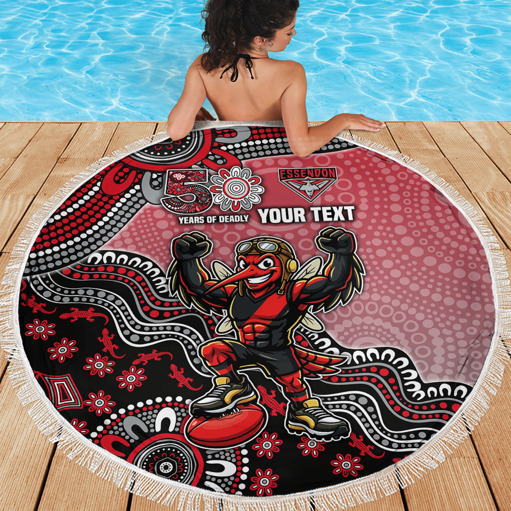 Personalized Essendon Bombers Mascot Beach Blanket Aboriginal Dot Art Style Vibrant Indigenous Pattern Design