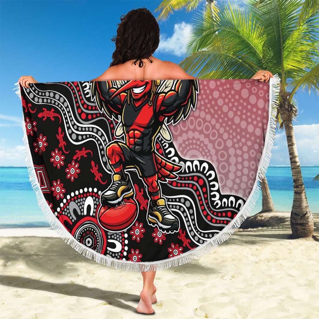 Personalized Essendon Bombers Mascot Beach Blanket Aboriginal Dot Art Style Vibrant Indigenous Pattern Design