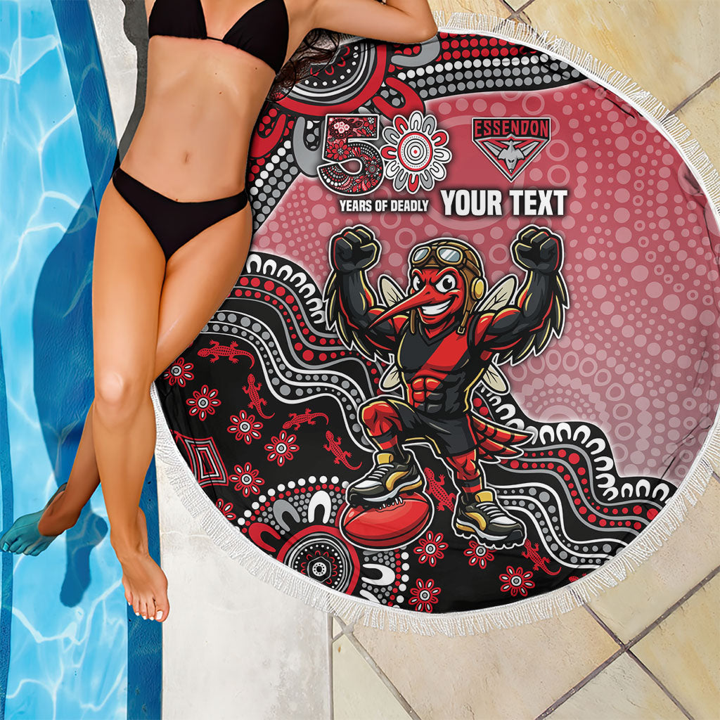 Personalized Essendon Bombers Mascot Beach Blanket Aboriginal Dot Art Style Vibrant Indigenous Pattern Design