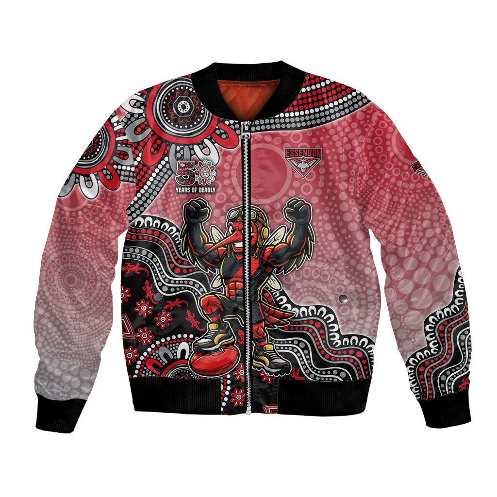 Personalized Essendon Bombers Mascot Bomber Jacket Aboriginal Dot Art Style Vibrant Indigenous Pattern Design
