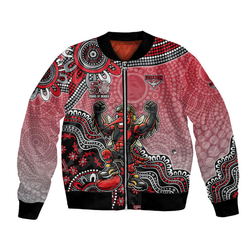 Personalized Essendon Bombers Mascot Bomber Jacket Aboriginal Dot Art Style Vibrant Indigenous Pattern Design