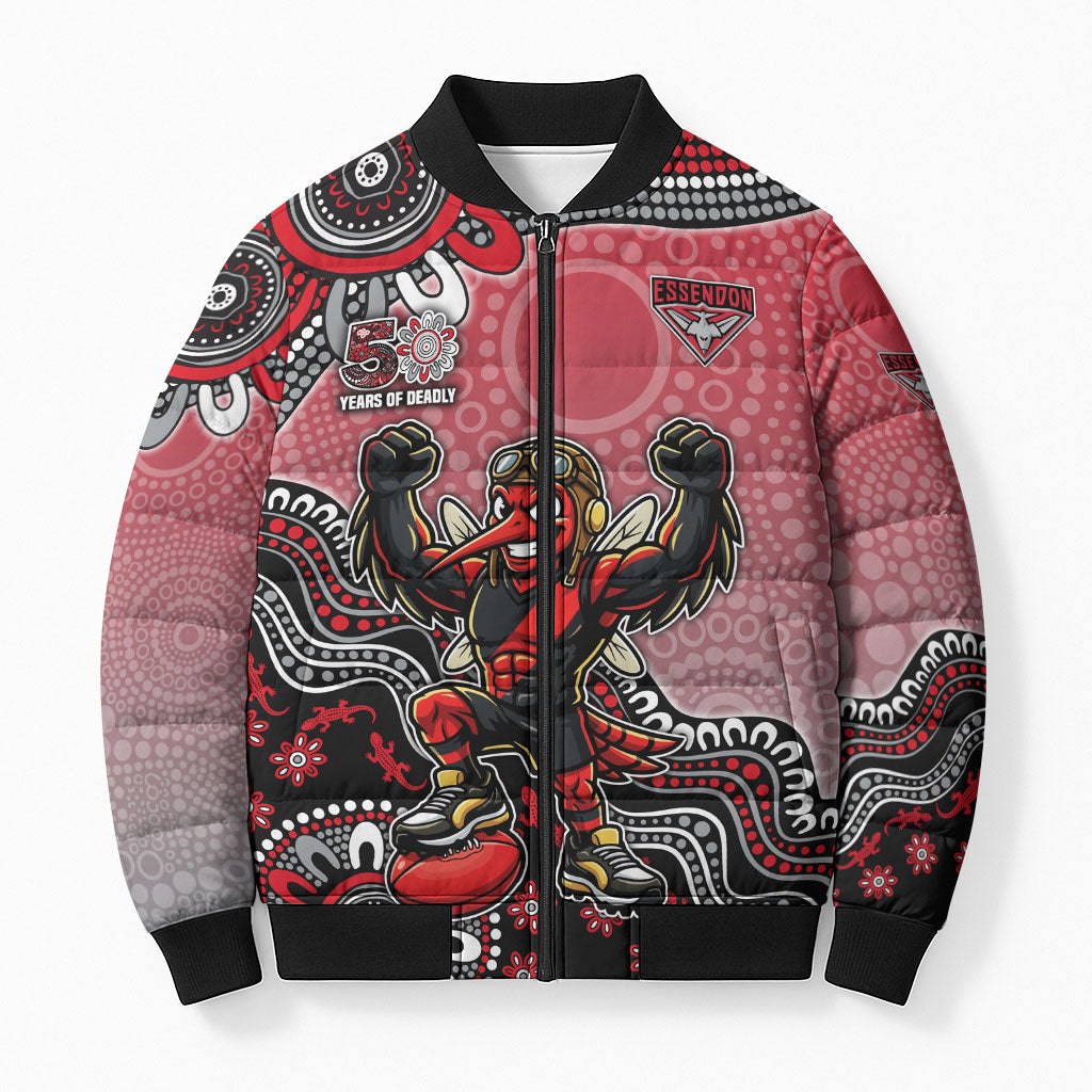 Personalized Essendon Bombers Mascot Bomber Puffer Jacket Aboriginal Dot Art Style Vibrant Indigenous Pattern Design