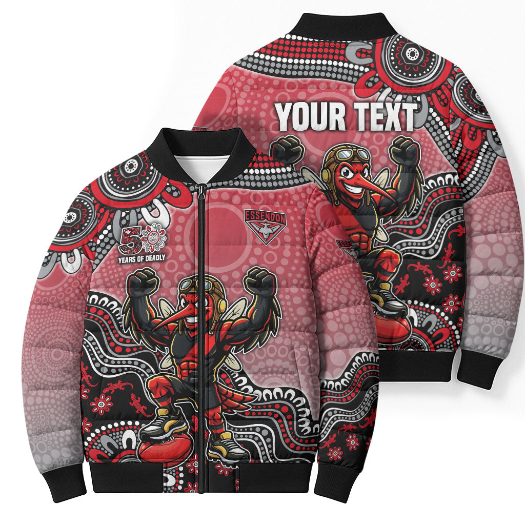 Personalized Essendon Bombers Mascot Bomber Puffer Jacket Aboriginal Dot Art Style Vibrant Indigenous Pattern Design