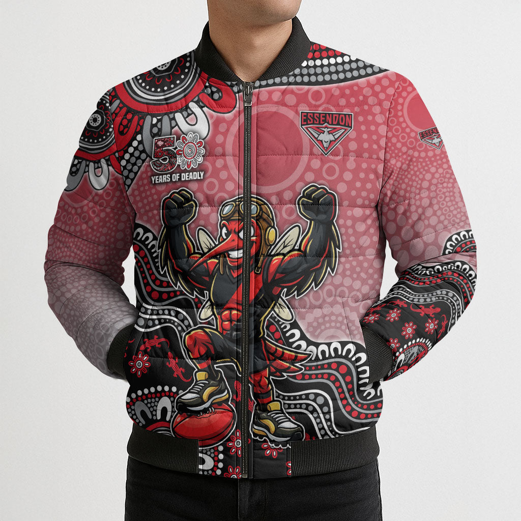 Personalized Essendon Bombers Mascot Bomber Puffer Jacket Aboriginal Dot Art Style Vibrant Indigenous Pattern Design