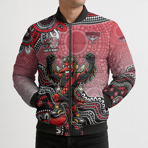 Personalized Essendon Bombers Mascot Bomber Puffer Jacket Aboriginal Dot Art Style Vibrant Indigenous Pattern Design
