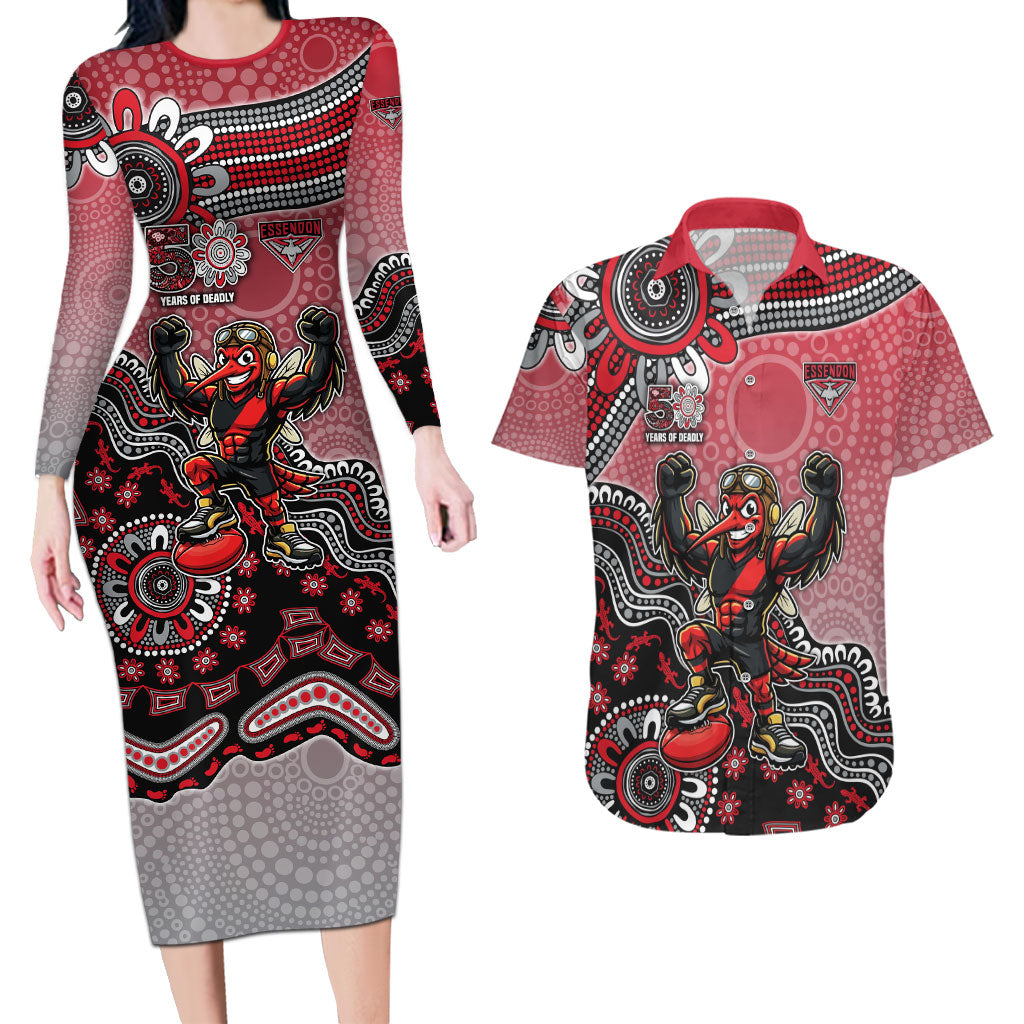 Personalized Essendon Bombers Mascot Couples Matching Long Sleeve Bodycon Dress and Hawaiian Shirt Aboriginal Dot Art Style Vibrant Indigenous Pattern Design