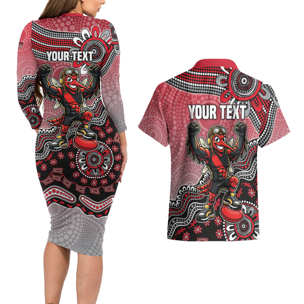 Personalized Essendon Bombers Mascot Couples Matching Long Sleeve Bodycon Dress and Hawaiian Shirt Aboriginal Dot Art Style Vibrant Indigenous Pattern Design