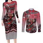 Personalized Essendon Bombers Mascot Couples Matching Long Sleeve Bodycon Dress and Long Sleeve Button Shirt Aboriginal Dot Art Style Vibrant Indigenous Pattern Design