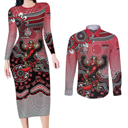 Personalized Essendon Bombers Mascot Couples Matching Long Sleeve Bodycon Dress and Long Sleeve Button Shirt Aboriginal Dot Art Style Vibrant Indigenous Pattern Design