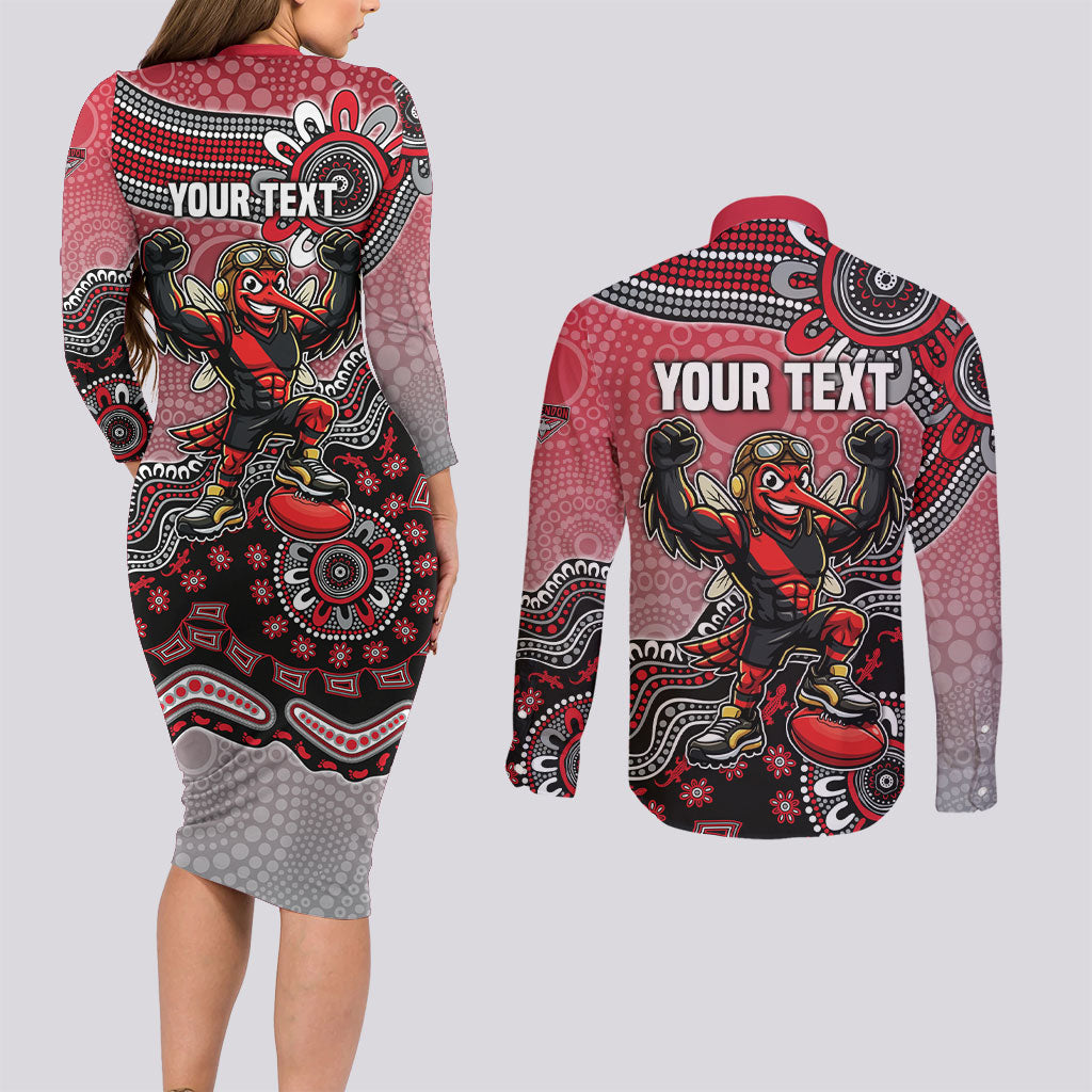 Personalized Essendon Bombers Mascot Couples Matching Long Sleeve Bodycon Dress and Long Sleeve Button Shirt Aboriginal Dot Art Style Vibrant Indigenous Pattern Design