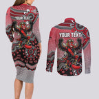 Personalized Essendon Bombers Mascot Couples Matching Long Sleeve Bodycon Dress and Long Sleeve Button Shirt Aboriginal Dot Art Style Vibrant Indigenous Pattern Design