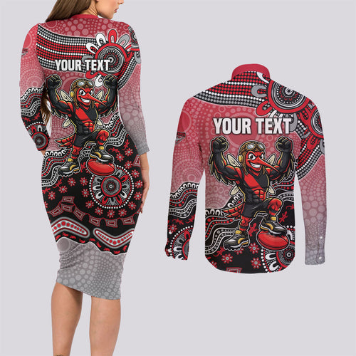 Personalized Essendon Bombers Mascot Couples Matching Long Sleeve Bodycon Dress and Long Sleeve Button Shirt Aboriginal Dot Art Style Vibrant Indigenous Pattern Design