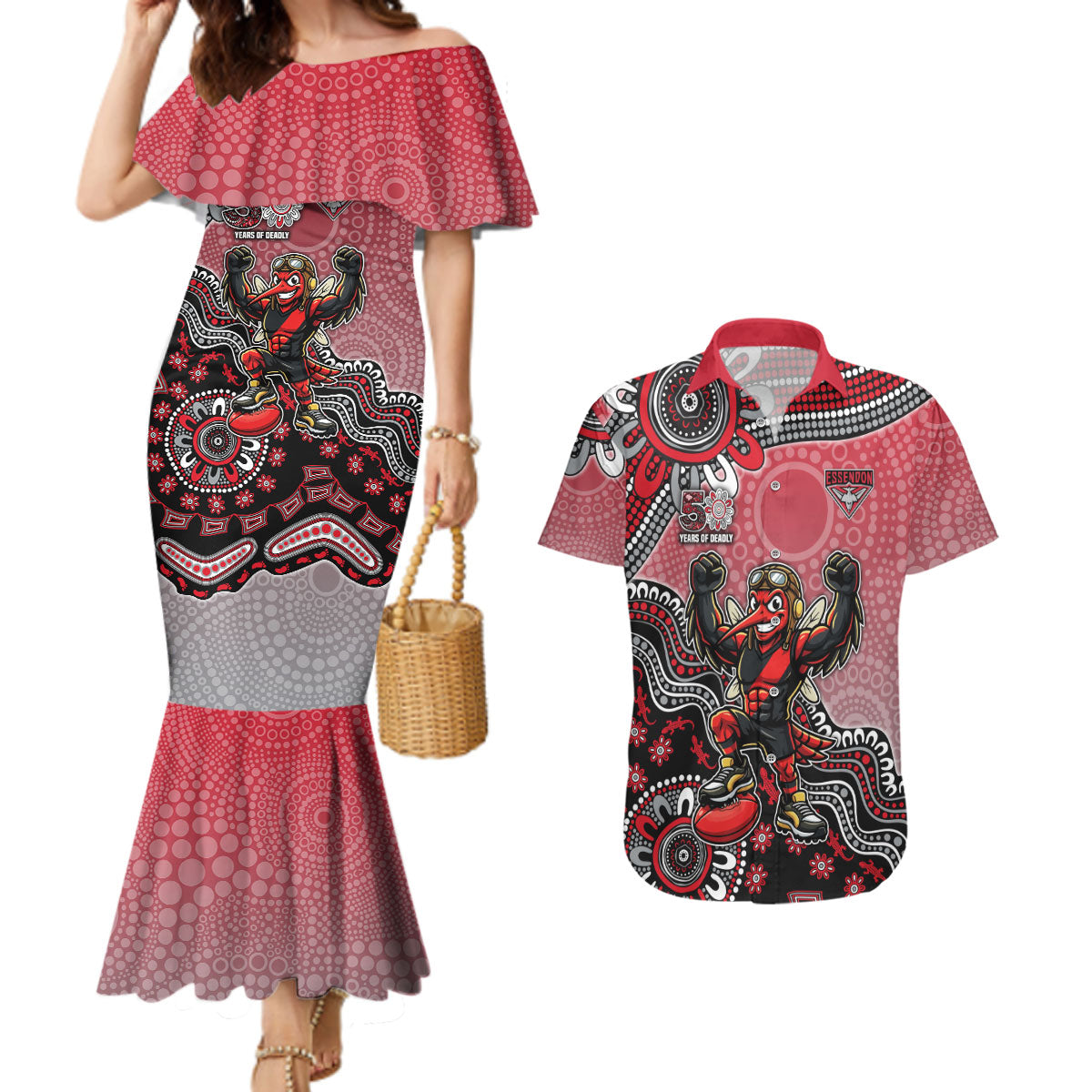 Personalized Essendon Bombers Mascot Couples Matching Mermaid Dress and Hawaiian Shirt Aboriginal Dot Art Style Vibrant Indigenous Pattern Design