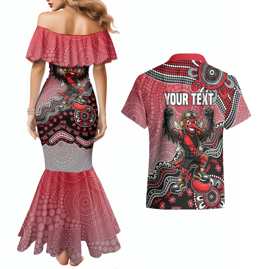 Personalized Essendon Bombers Mascot Couples Matching Mermaid Dress and Hawaiian Shirt Aboriginal Dot Art Style Vibrant Indigenous Pattern Design
