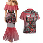 Personalized Essendon Bombers Mascot Couples Matching Mermaid Dress and Hawaiian Shirt Aboriginal Dot Art Style Vibrant Indigenous Pattern Design