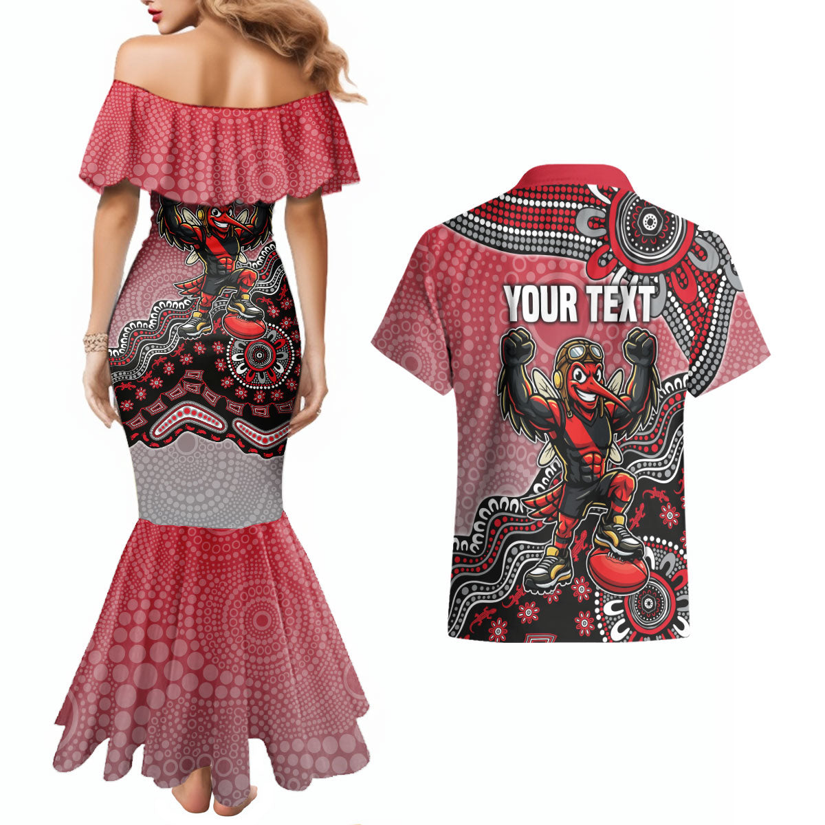 Personalized Essendon Bombers Mascot Couples Matching Mermaid Dress and Hawaiian Shirt Aboriginal Dot Art Style Vibrant Indigenous Pattern Design