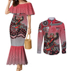 Personalized Essendon Bombers Mascot Couples Matching Mermaid Dress and Long Sleeve Button Shirt Aboriginal Dot Art Style Vibrant Indigenous Pattern Design