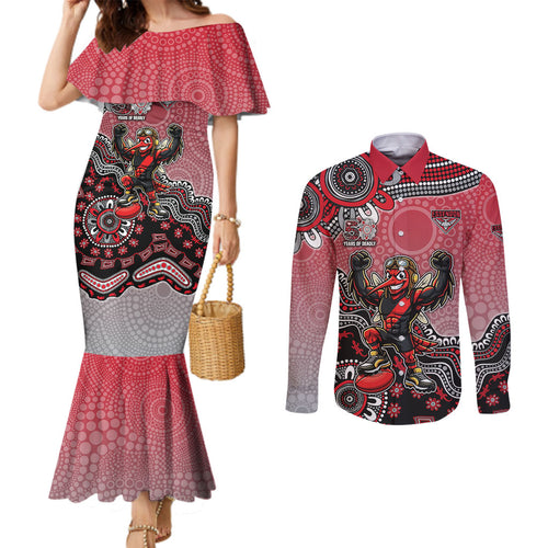 Personalized Essendon Bombers Mascot Couples Matching Mermaid Dress and Long Sleeve Button Shirt Aboriginal Dot Art Style Vibrant Indigenous Pattern Design