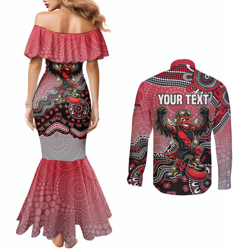 Personalized Essendon Bombers Mascot Couples Matching Mermaid Dress and Long Sleeve Button Shirt Aboriginal Dot Art Style Vibrant Indigenous Pattern Design