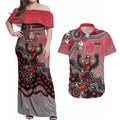 Personalized Essendon Bombers Mascot Couples Matching Off Shoulder Maxi Dress and Hawaiian Shirt Aboriginal Dot Art Style Vibrant Indigenous Pattern Design