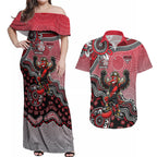 Personalized Essendon Bombers Mascot Couples Matching Off Shoulder Maxi Dress and Hawaiian Shirt Aboriginal Dot Art Style Vibrant Indigenous Pattern Design