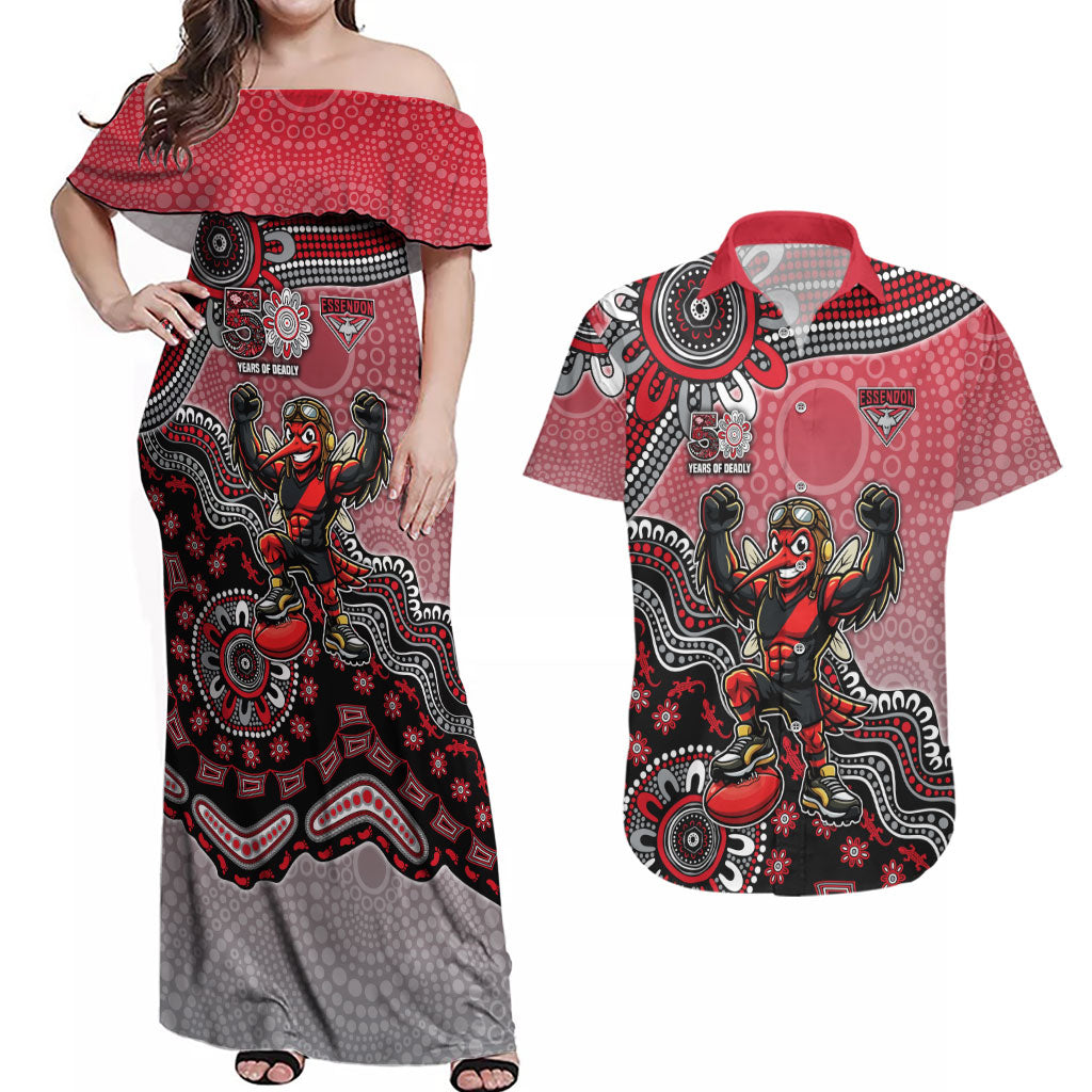 Personalized Essendon Bombers Mascot Couples Matching Off Shoulder Maxi Dress and Hawaiian Shirt Aboriginal Dot Art Style Vibrant Indigenous Pattern Design