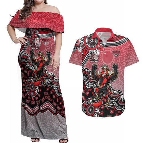 Personalized Essendon Bombers Mascot Couples Matching Off Shoulder Maxi Dress and Hawaiian Shirt Aboriginal Dot Art Style Vibrant Indigenous Pattern Design