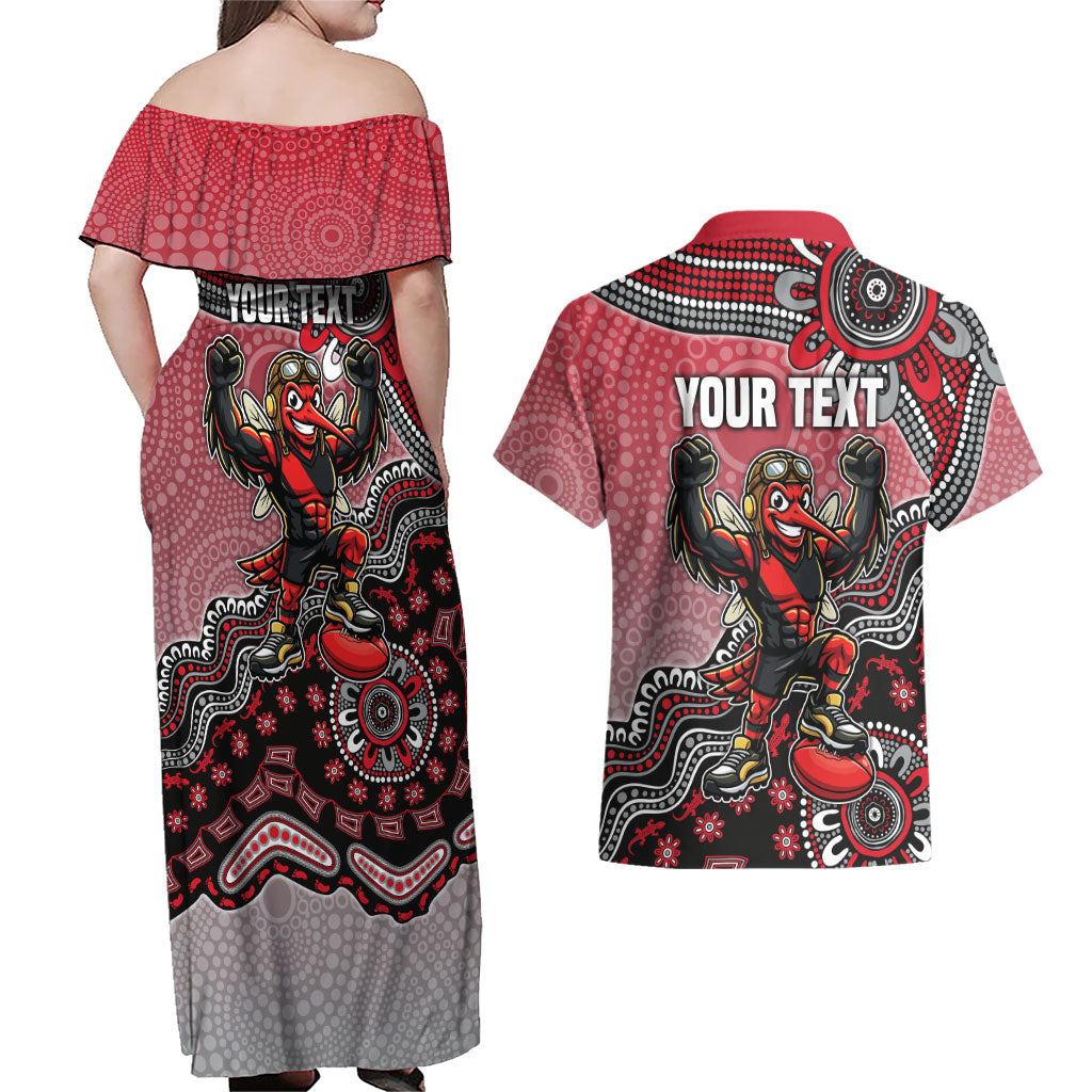 Personalized Essendon Bombers Mascot Couples Matching Off Shoulder Maxi Dress and Hawaiian Shirt Aboriginal Dot Art Style Vibrant Indigenous Pattern Design