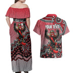 Personalized Essendon Bombers Mascot Couples Matching Off Shoulder Maxi Dress and Hawaiian Shirt Aboriginal Dot Art Style Vibrant Indigenous Pattern Design