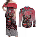 Personalized Essendon Bombers Mascot Couples Matching Off Shoulder Maxi Dress and Long Sleeve Button Shirt Aboriginal Dot Art Style Vibrant Indigenous Pattern Design
