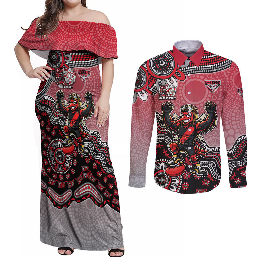 Personalized Essendon Bombers Mascot Couples Matching Off Shoulder Maxi Dress and Long Sleeve Button Shirt Aboriginal Dot Art Style Vibrant Indigenous Pattern Design